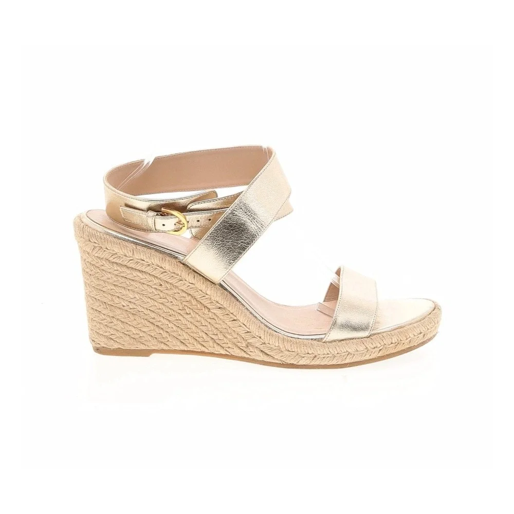 Stuart Weitzman Metallic Gold Leather Espadrille Strappy Wedge Sandals Womens 9